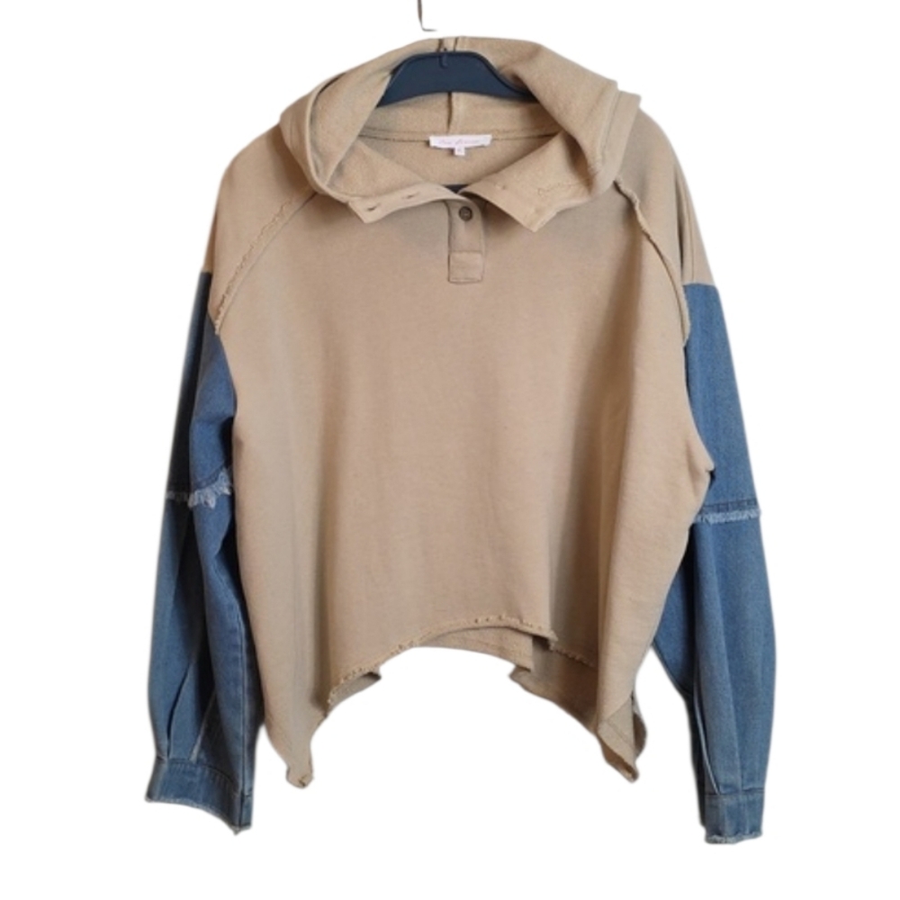 Ces Femme Oversized Cropped Sweatshirt Tan Blue Denim Block Sleeves Small - Picture 3 of 15